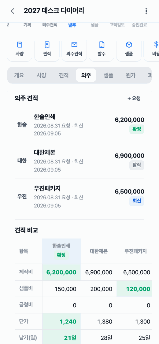 Re:O-S 외주 견적 비교 화면